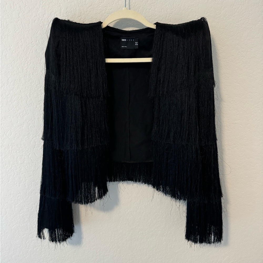ASOS LUXE fringe top with shoulder pads in black size 6.